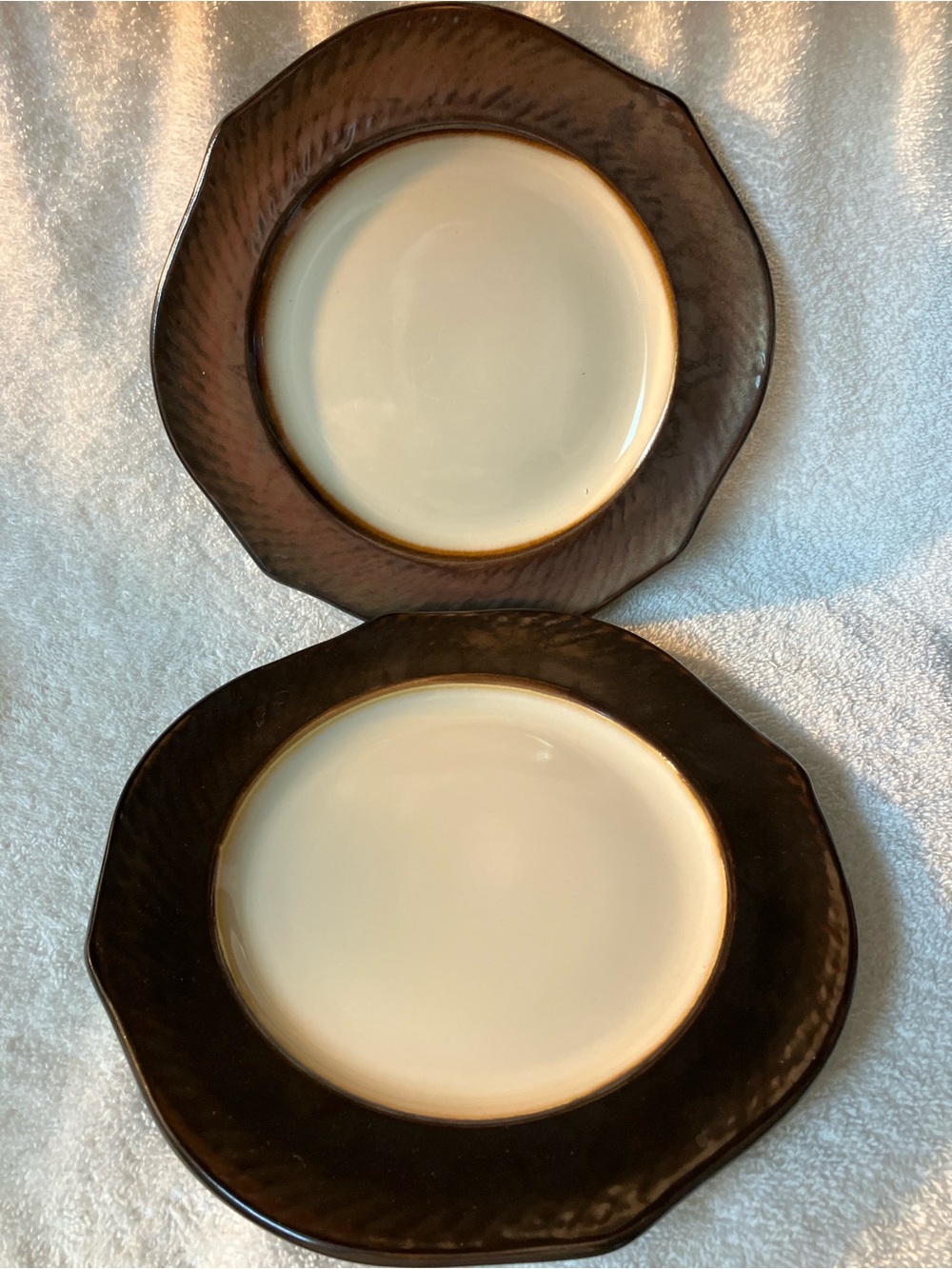 Pier 1 Cream and Metallic Bronze Ceramic Salad  Plates  8 1/2” Set of 2